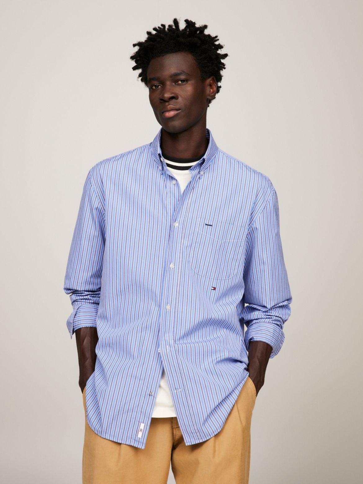 Tommy Hilfiger Mens Classic Fit Long-Sleeve Button-Down Striped Poplin Shirt - Blue Product Image