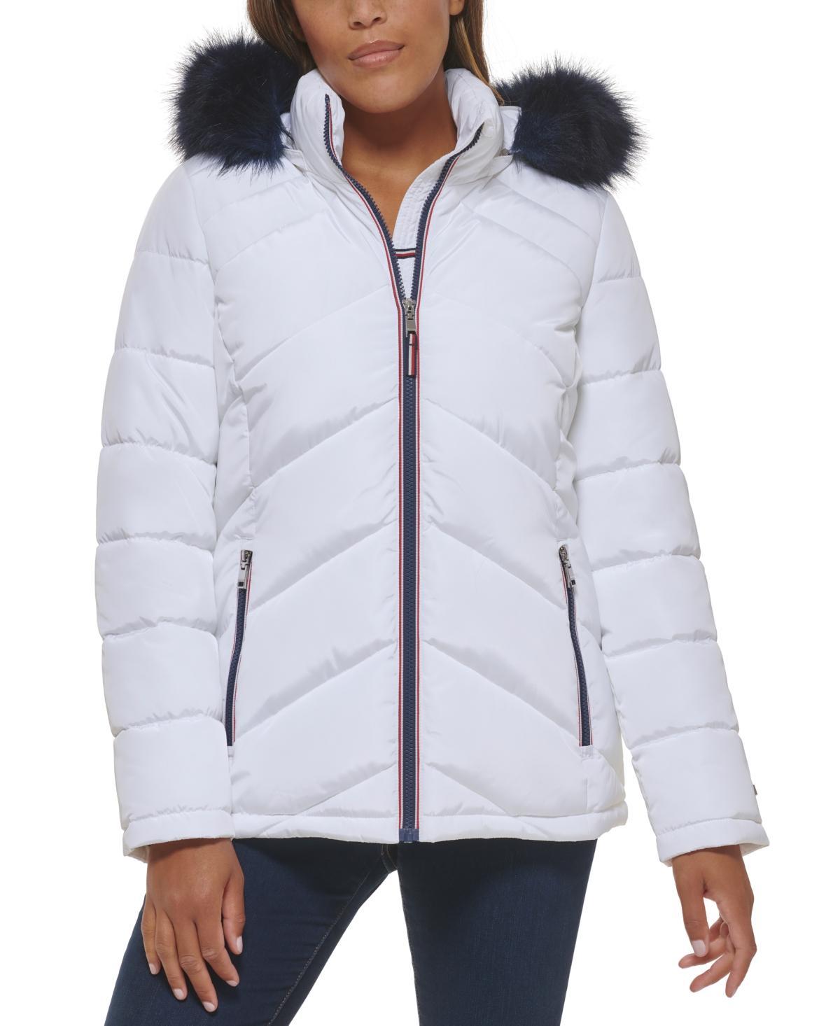 Tommy Hilfiger Womens Faux-Fur-Trim Hooded Puffer Coat Product Image