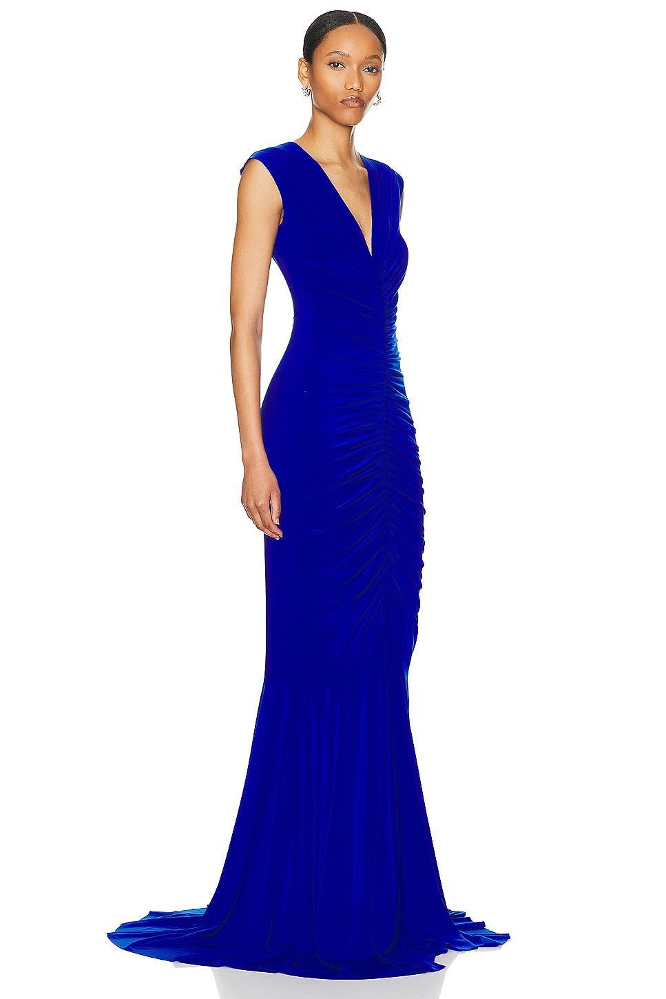 Norma Kamali Sleeveless Deep V Neck Shirred Front Fishtail Gown Royal. (also in S). Product Image