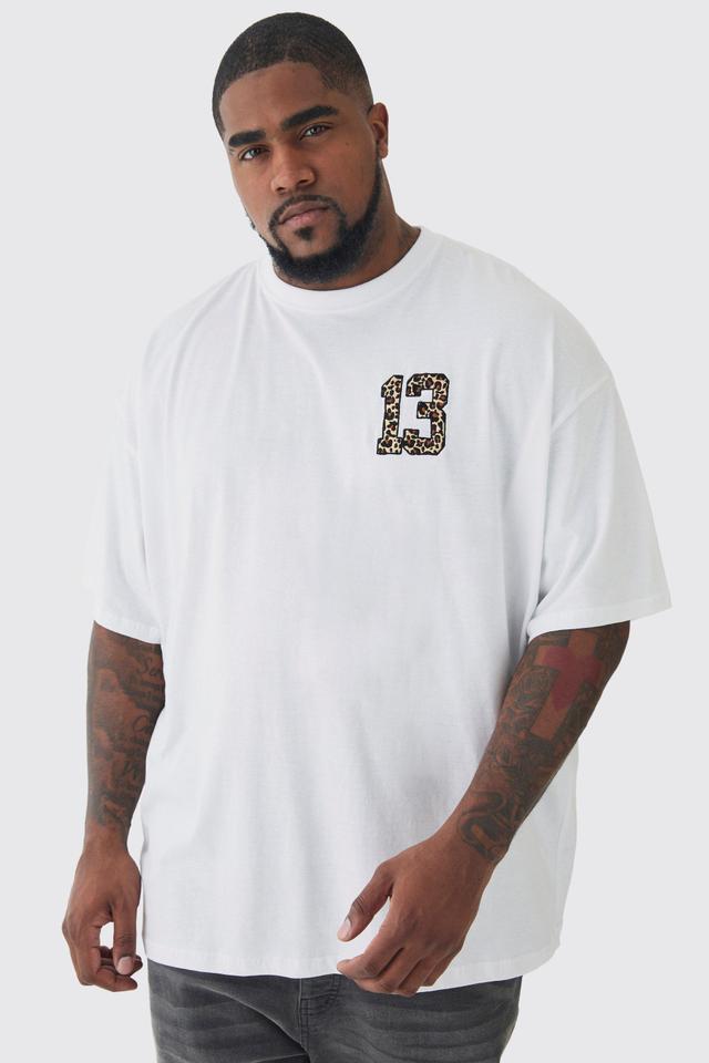 Plus Oversized Plus 13 Leopard Embroidered T-shirt In White | boohooMAN USA Product Image