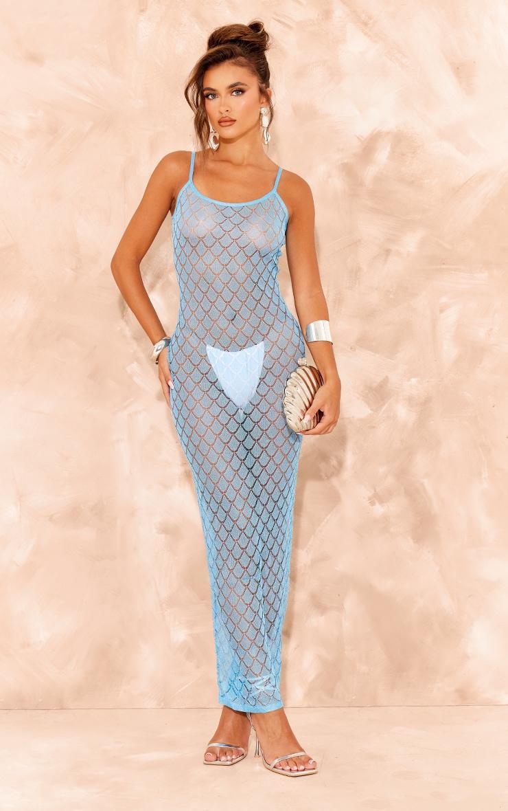 Blue Sheer Glitter Knit Strappy Maxi Dress Product Image