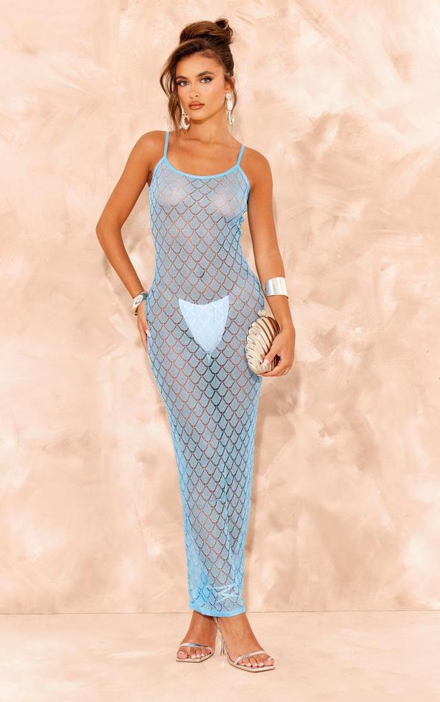 Blue Sheer Glitter Knit Strappy Maxi Dress Product Image