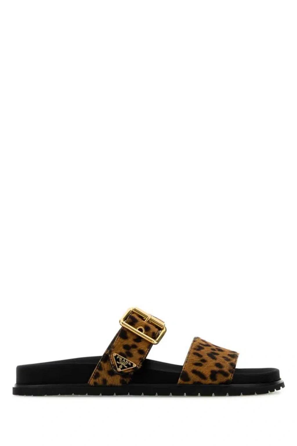 Womens Neutral Leopard-print Buckled Leather Sliders In Brown Product Image