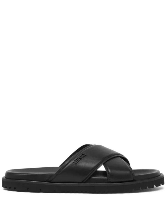 VERSACE Black Crossover Leather Slides Product Image