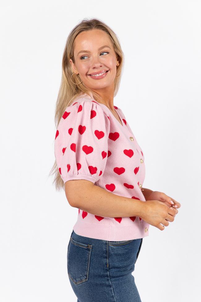 Ask Me Out Pink and Red Puff Sleeve Heart Cardigan SALE Product Image