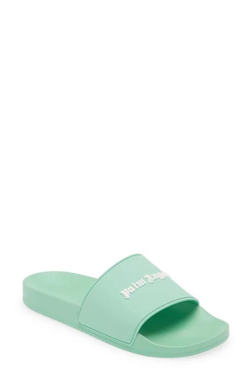 PALM ANGELS Essential Logo Rubber Pool Slide Sandals In Light Green Product Image