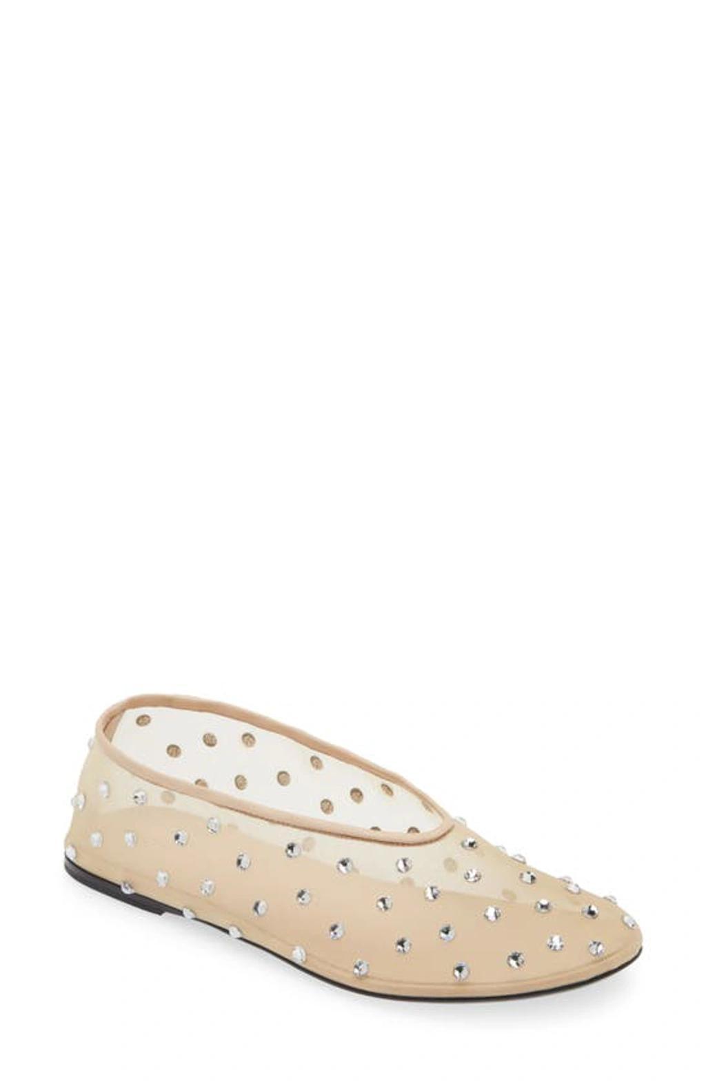 Marcy Crystal-embellished Mesh Flats In Beige Product Image