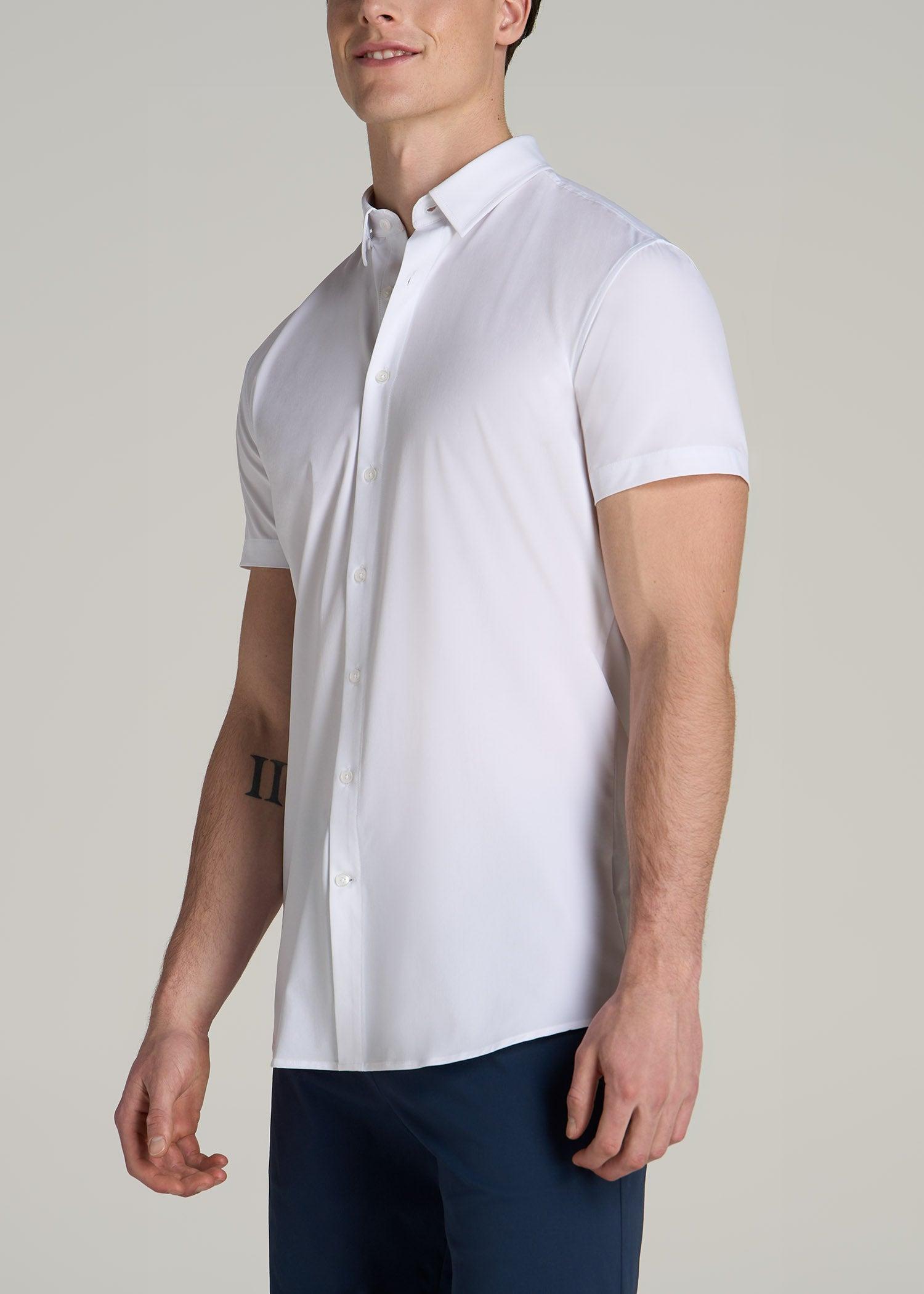 Short Sleeve Traveler Stretch Button Shirt for Tall Men in Bright White Product Image