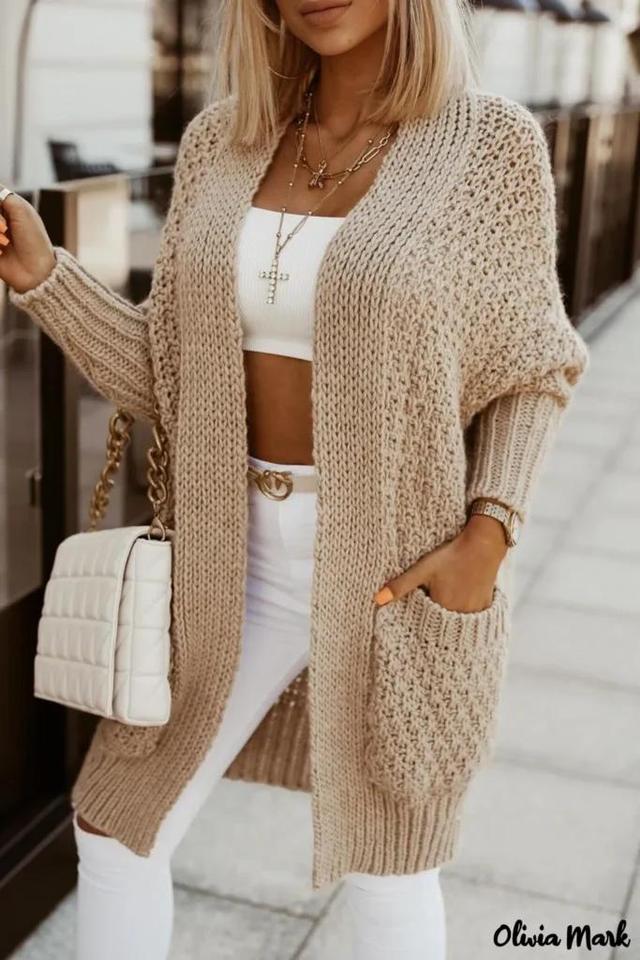 Olivia Mark – Khaki Open Front Pocket Casual Knitted Cardigan Product Image