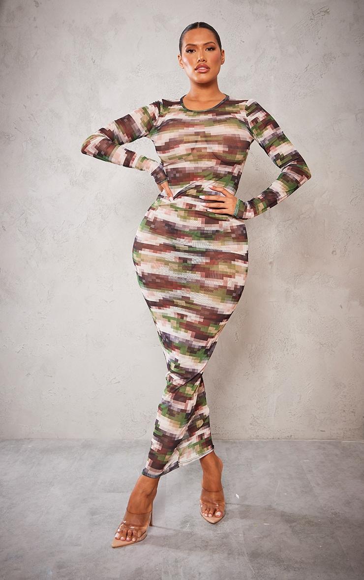  Shape Green Pixel Camo Print Long Sleeve Maxi Dress Product Image