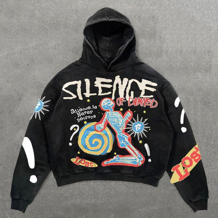 Retro Silence Of Damned Skull Oversized Graphic Acid Wash Hoodie Product Image