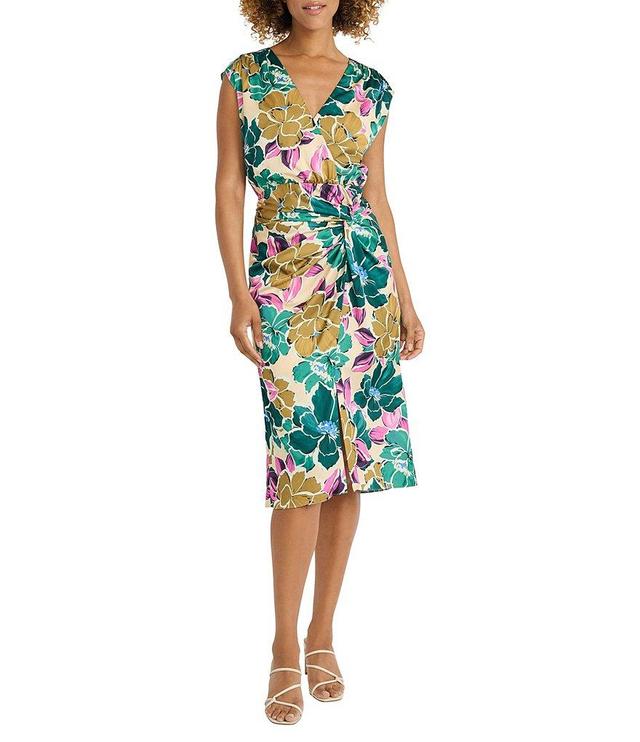 Maggy London Floral Printed Light Charmeuse Surplice V-Neck Cap Sleeve Drape Dress Product Image