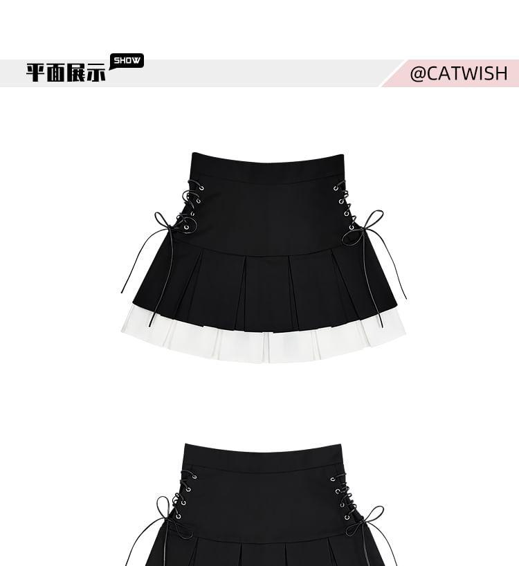 High Waist Two Tone Pleated Layered Lace-Up Mini A-Line Skirt Product Image