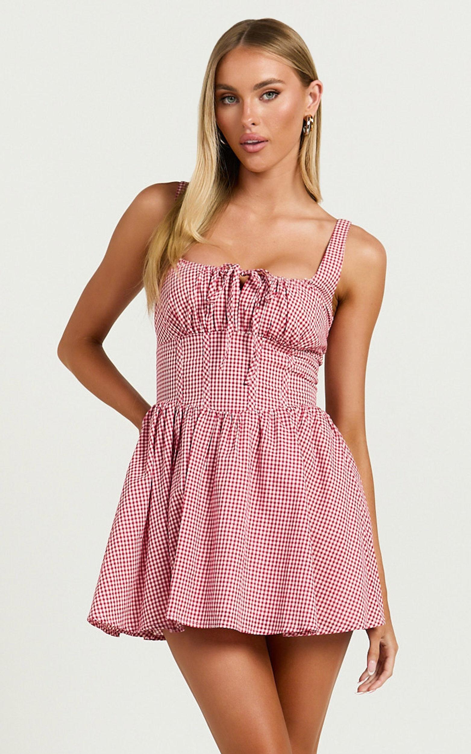 Keegan Mini Dress - Ruched Bust Front Tie Gathered Skirt Dress in Red Gingham Product Image