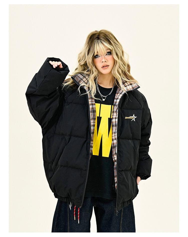 Hooded Plaid Panel Lettering Zip Puffer Jacket Product Image