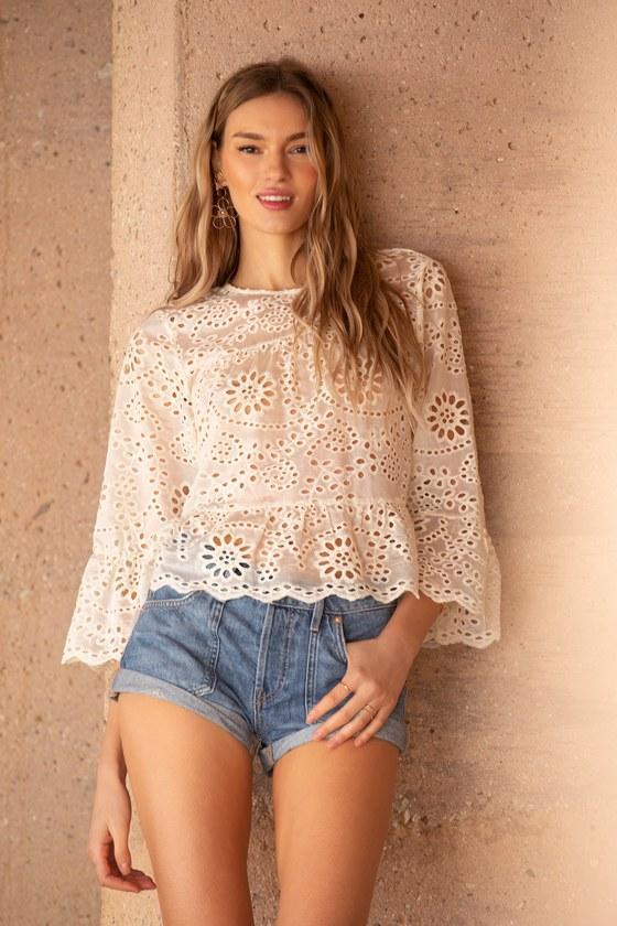 Sweet Spirit Ivory Eyelet Embroidered Flounce Sleeve Top Product Image