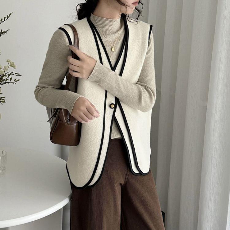 V-Neck Contrast Trim Button-Up Sweater Vest Product Image