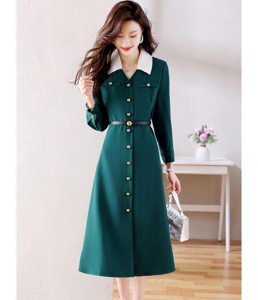 Long-Sleeve Collared Button-Up Midi A-Line Dress Product Image