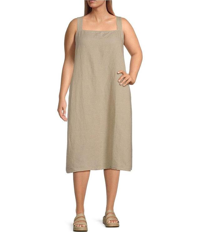 Eileen Fisher Plus Size Organic Linen Square Neck Sleeveless Smocked Midi Dress Product Image