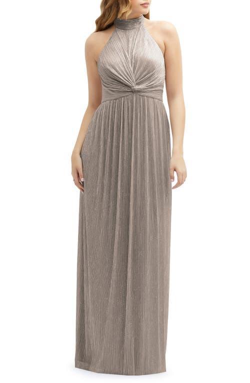 After Six Metallic Pleated Halter Column Gown Product Image