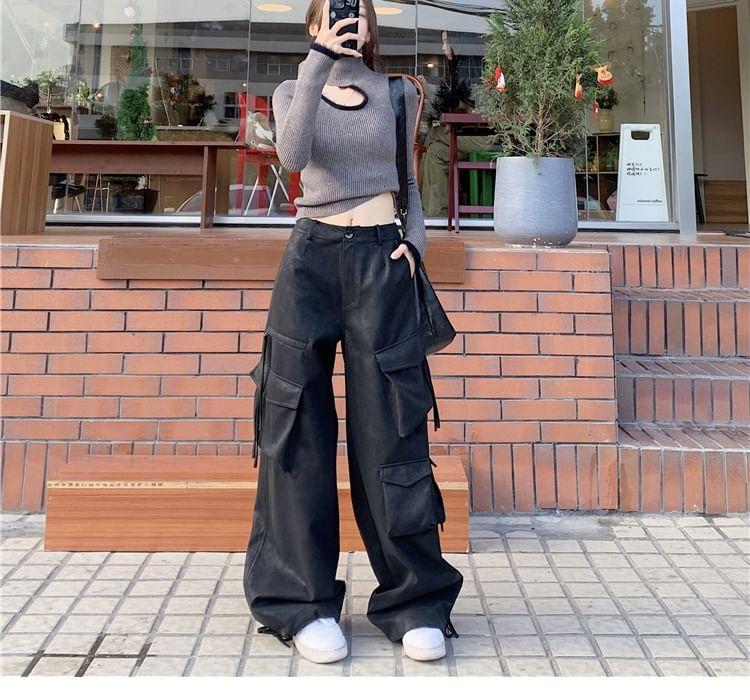 Long-Sleeve Turtleneck Plain Cut Out Knit Top / Mid Rise Plain Wide Leg Cargo Pants Product Image