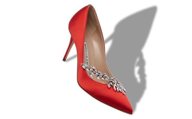 NADIRA Red Satin Jewel Buckle Pumps Product Image