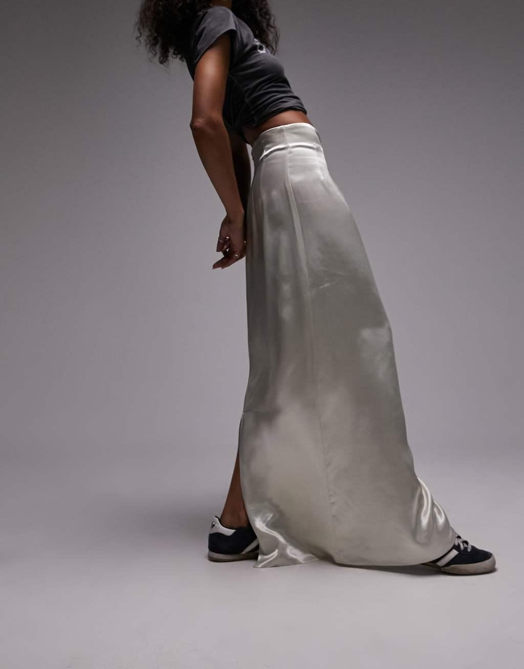 Topshop super high waisted satin maxi skirt in ivory Product Image