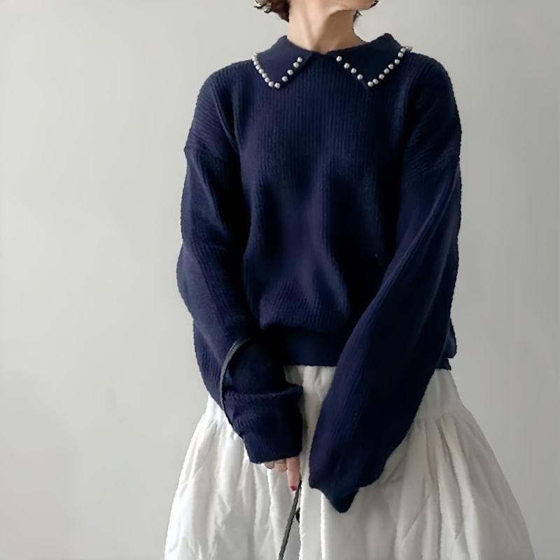 Long Sleeve Faux Pearl Collar Ribbed Sweater Product Image