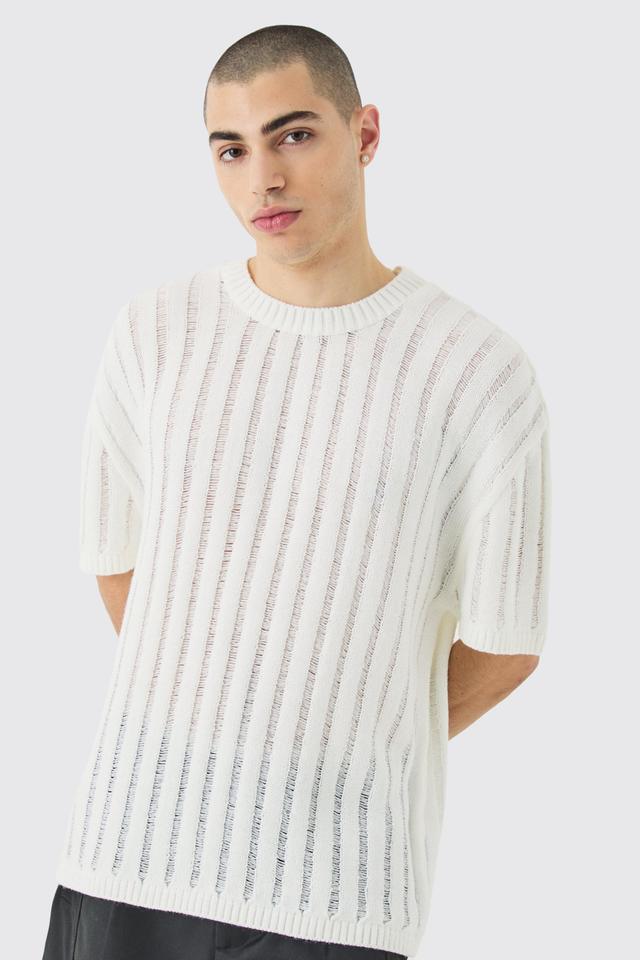 Oversized Open Ladder Stitch Knitted T-shirt In White | boohooMAN USA Product Image