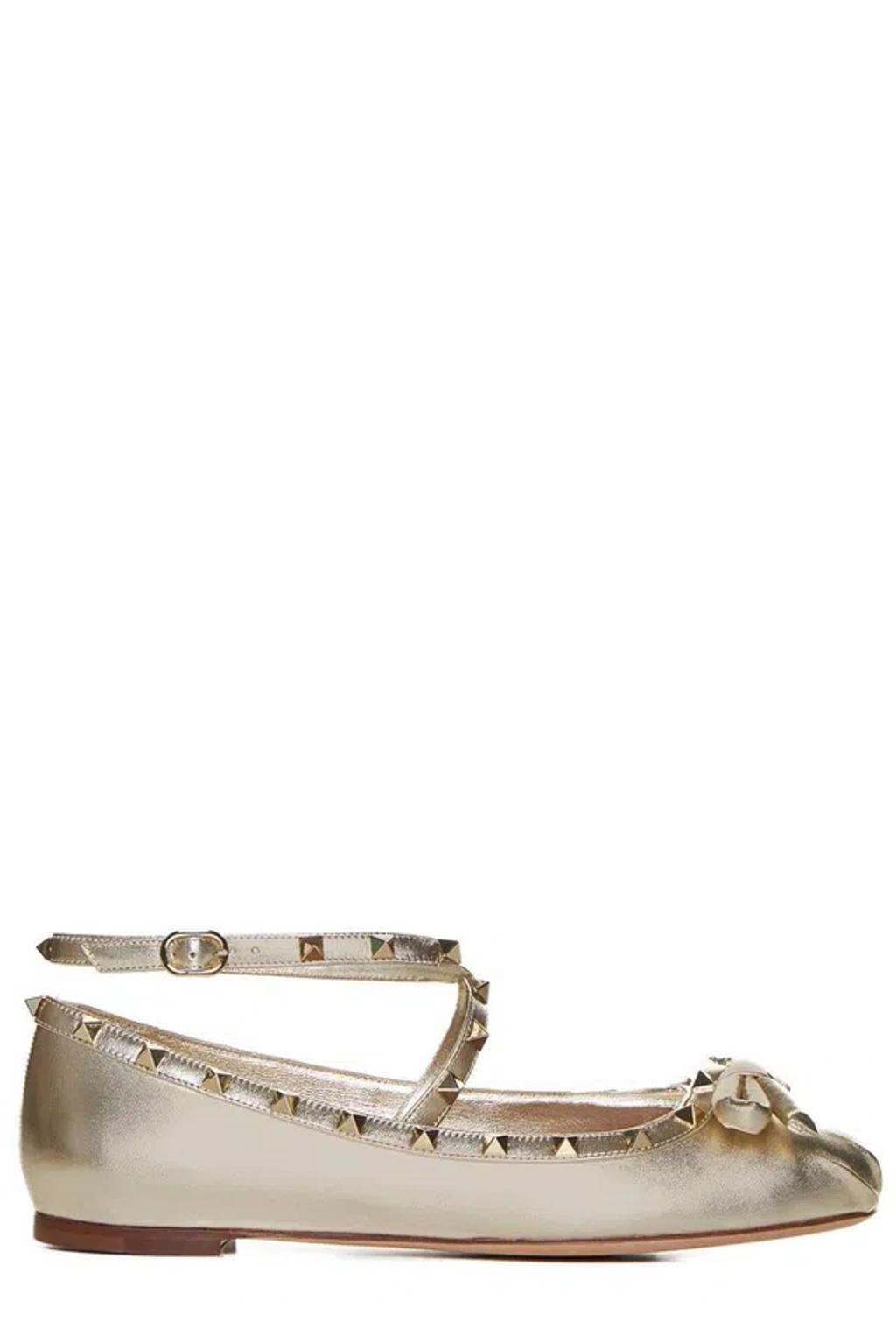 Rockstud Leather Ballerina Shoes In Silver Product Image