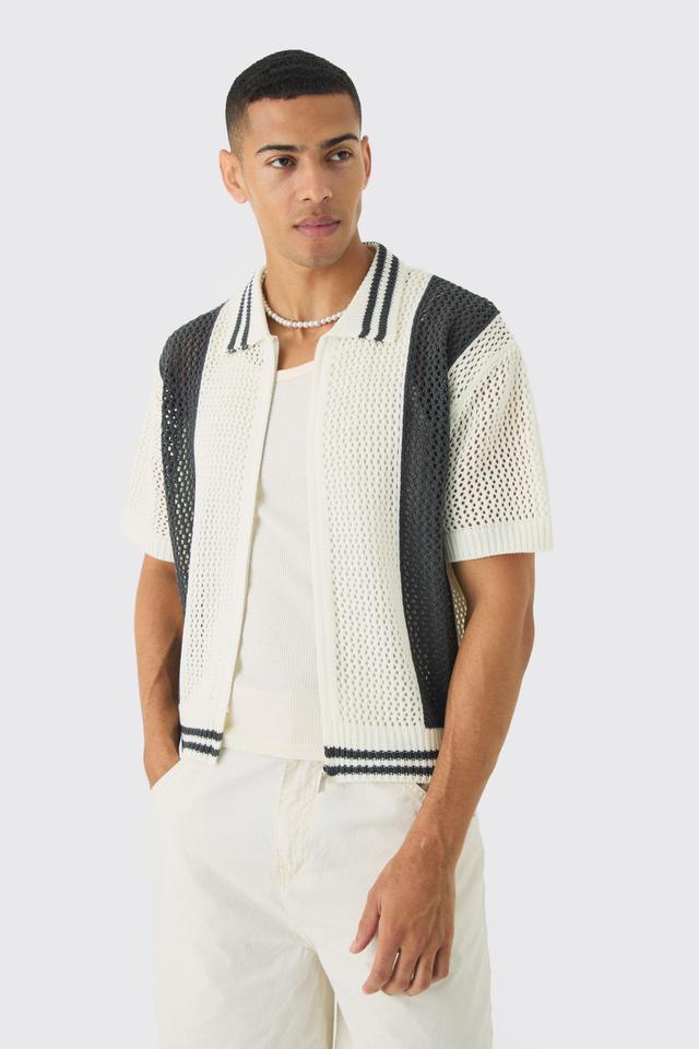 Oversized Boxy Open Stitch Zip Through Knitted Shirt | boohooMAN USA Product Image