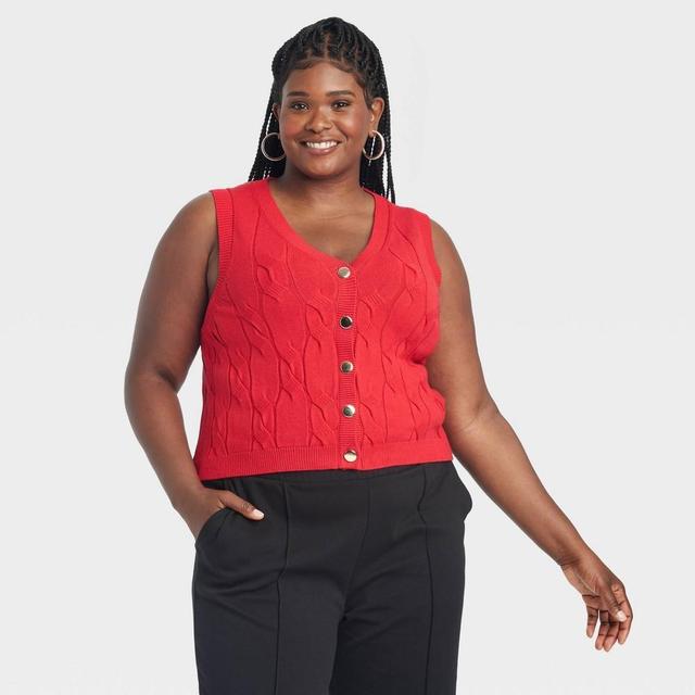 Womens Cabled Button-Down Vest - A New Day Red XXL Product Image