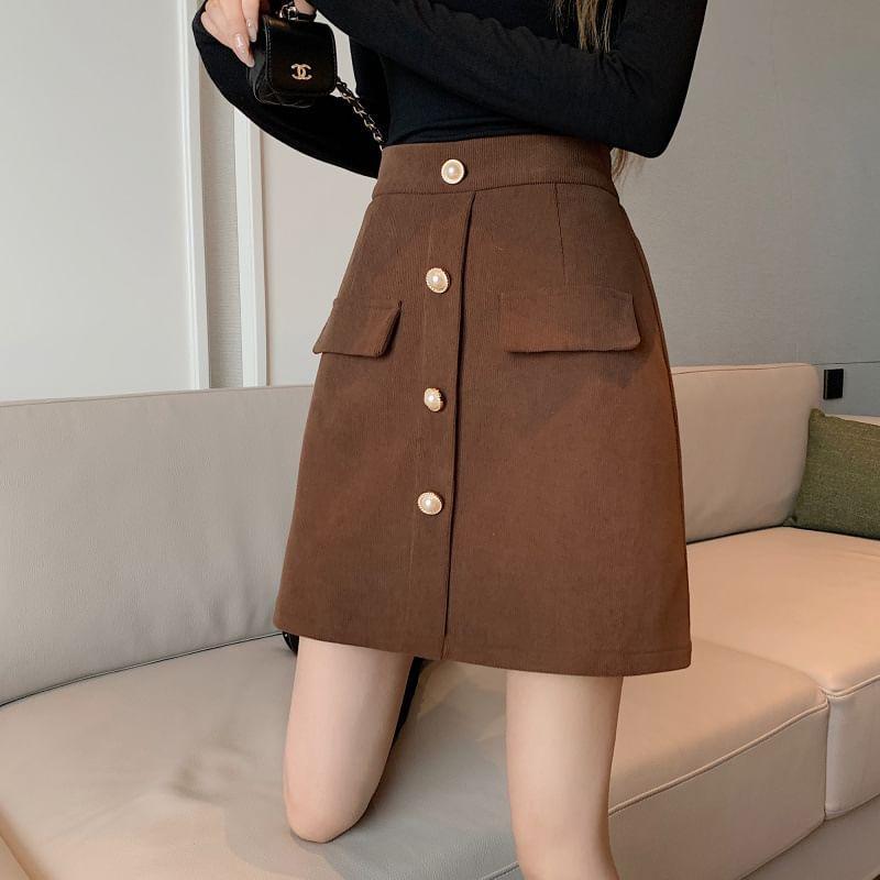 High-Waist Plain Corduroy A-Line Skirt Product Image