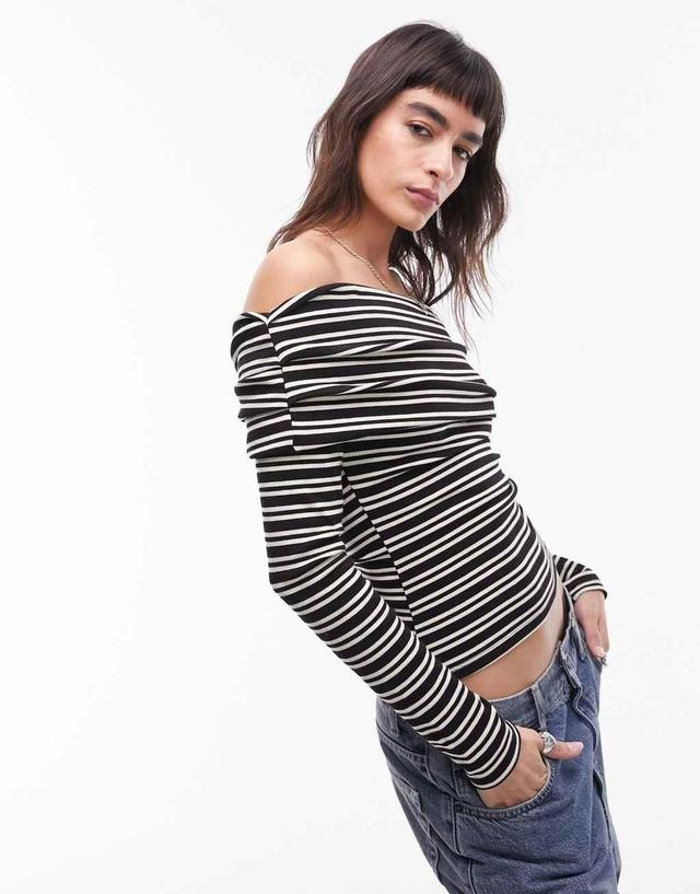 Topshop stripe long sleeve bardot top in mono Product Image