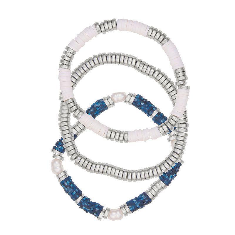 Sonoma Goods For Life Silver Tone White & Blue Bead 3-Pack Stretch Bracelets Set, Womens Product Image