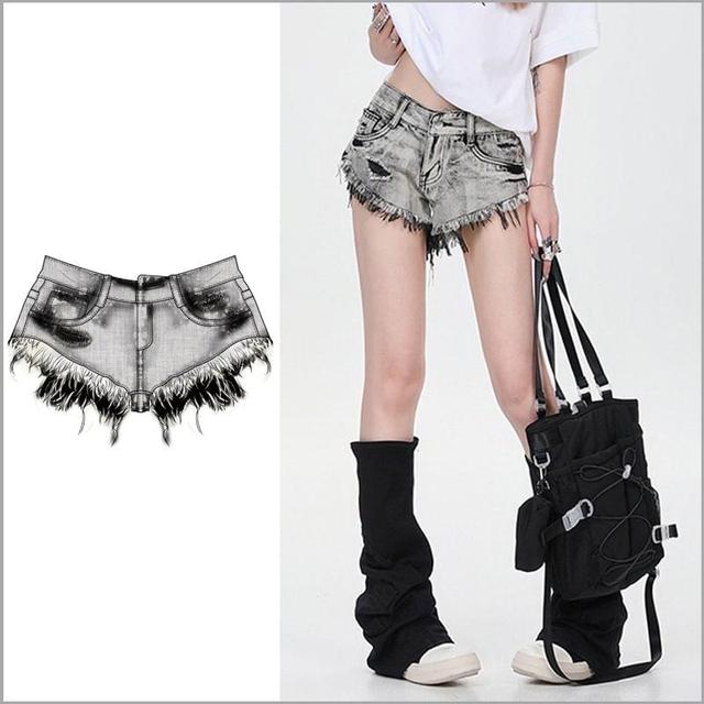 Low Rise Washed Distressed Denim Shorts Product Image