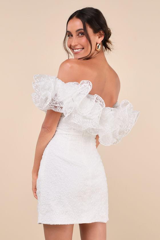 Angelic Trend White Embroidered Ruffled One-Shoulder Mini Dress Product Image