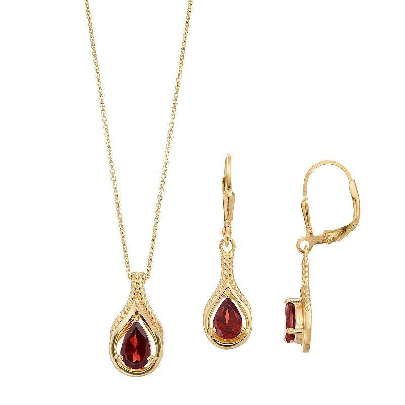 14k Gold Over Sterling Silver Garnet Pear Drop Earring & Pendant Necklace Set, Womens, Gold Tone Product Image