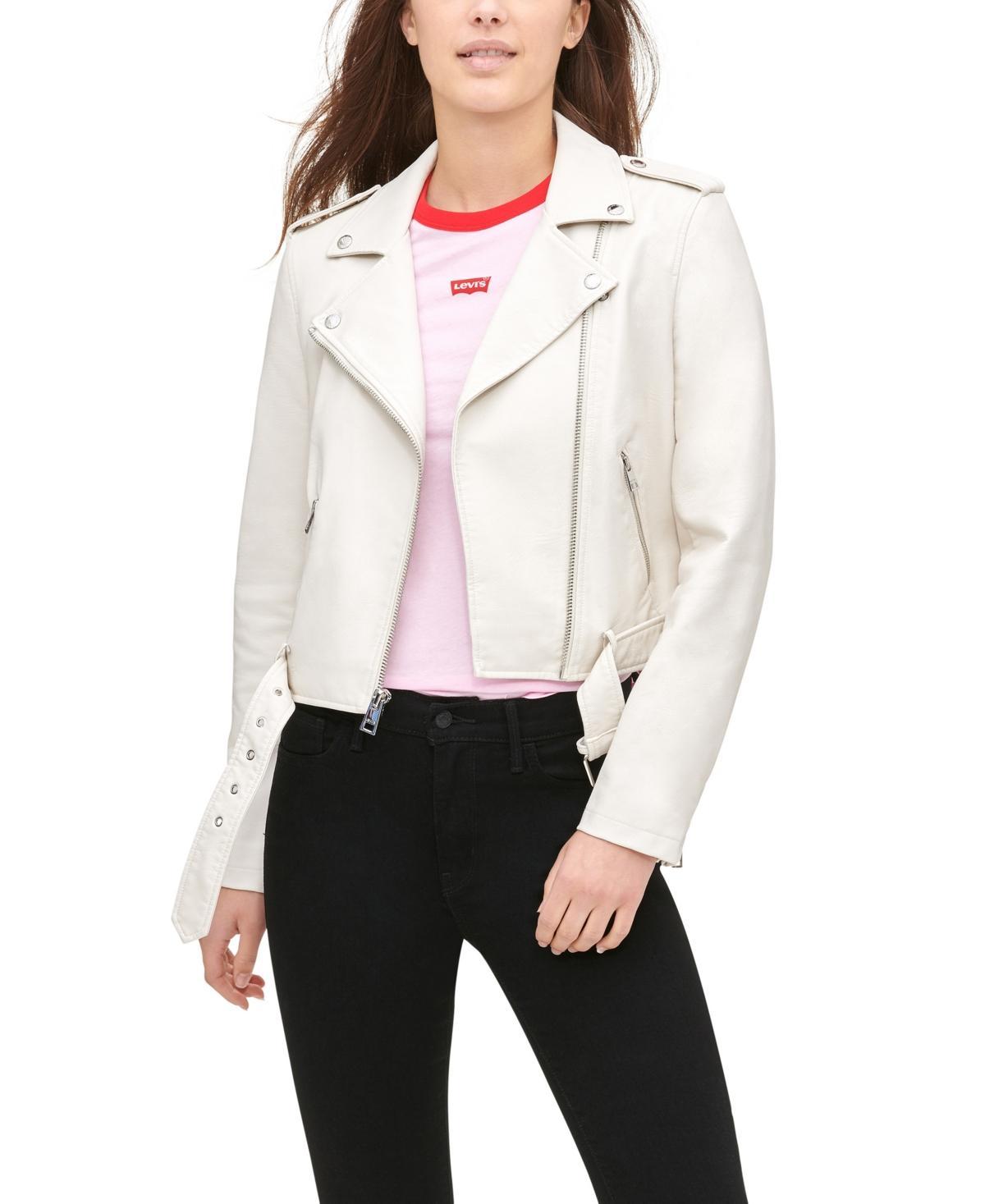 Womens Levis Belted Faux Leather Motorcycle Jacket White Product Image