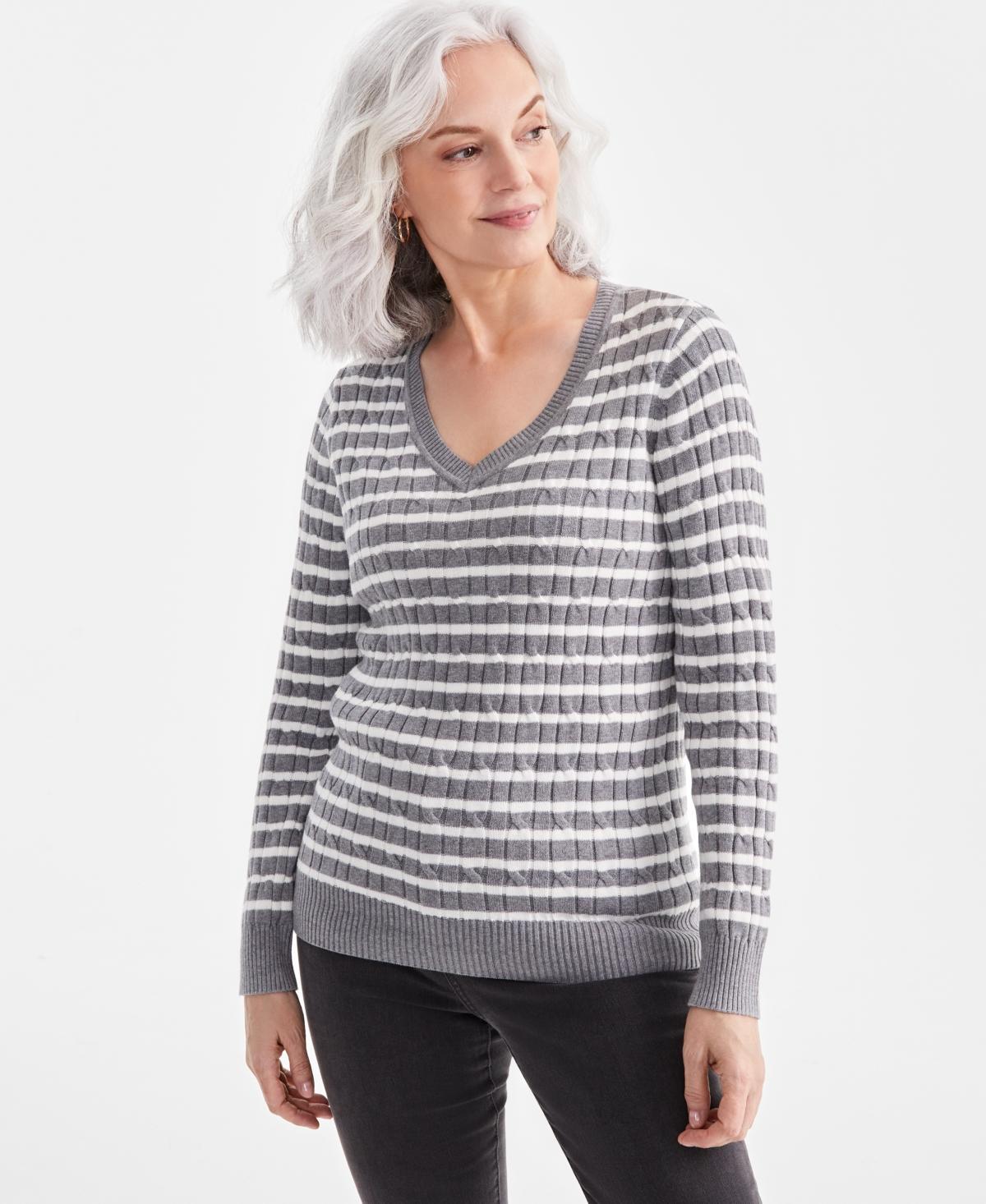 Style & Co Womens Cotton Striped Cable-Knit V-Neck Sweater, Created for Macys Product Image