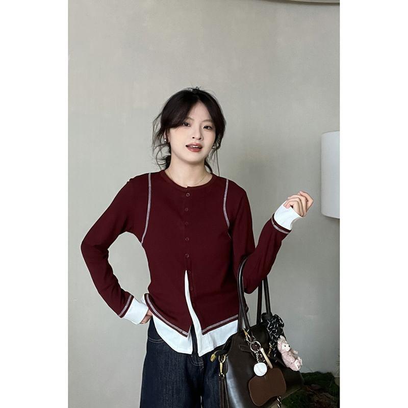 Crew Neck Mock Two-Piece Two Tone Contrast Stitched Button-Up Cardigan Product Image