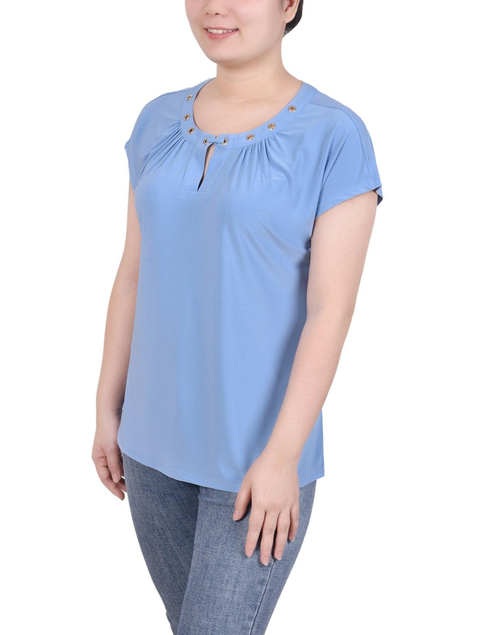 Short Extended-Sleeve Grommet Neck Knit Top - Petite Product Image