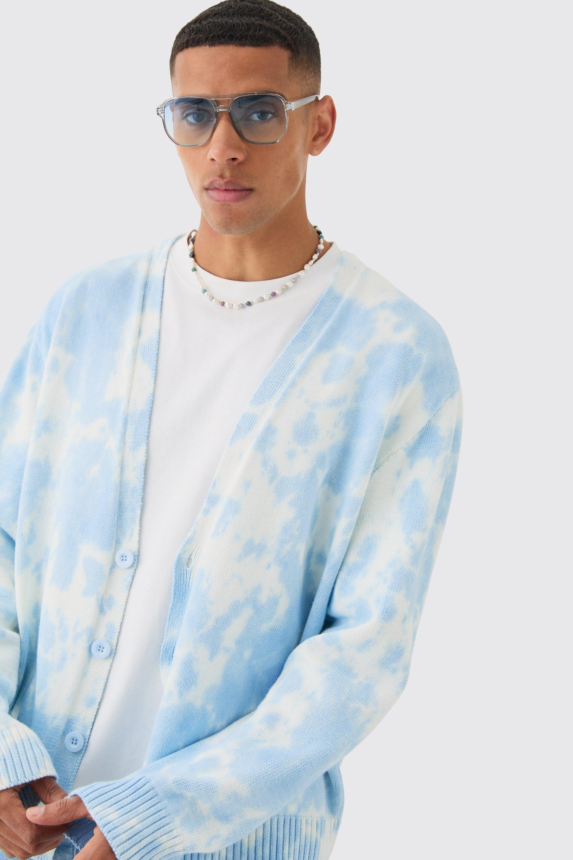 Oversized Washed Knitted Cardigan In Light Blue | boohooMAN USA Product Image