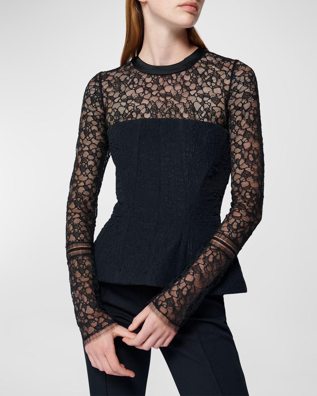 Prima Long-Sleeve Bustier Lace Peplum Top Product Image