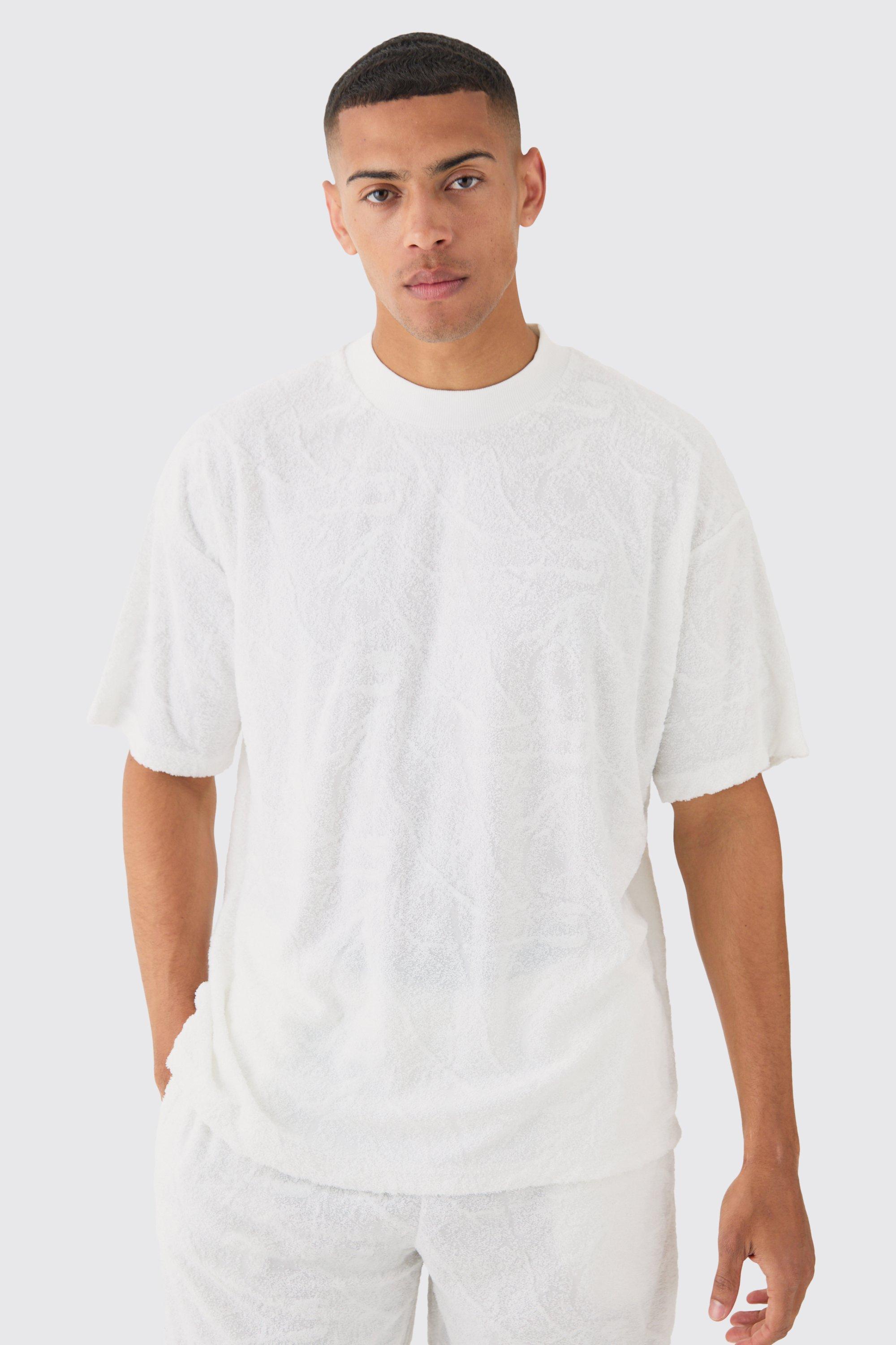 Mens White Oversized Burnout Towelling Jacquard T-shirt, White Product Image