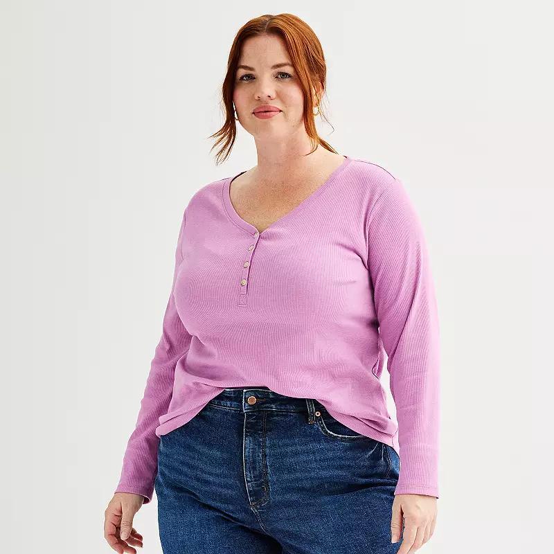 Plus Size Sonoma Goods For Life Ribbed Long Sleeve Henley, Womens Fantasy Pink Product Image