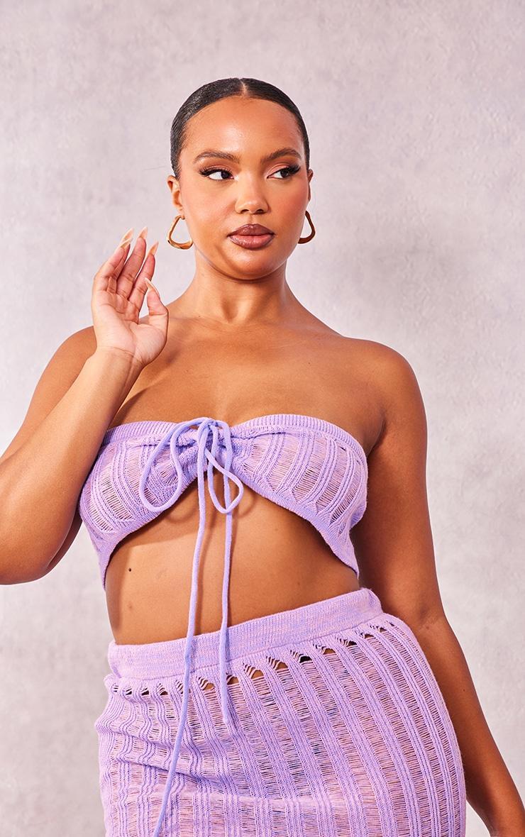 Plus Lilac Knitted Tie Front Bandeau Top Product Image