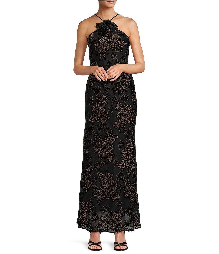 Antonio Melani Bernice Floral Burnout 3D Rosette Halter Neck Sleeveless A-Line Maxi Dress Product Image