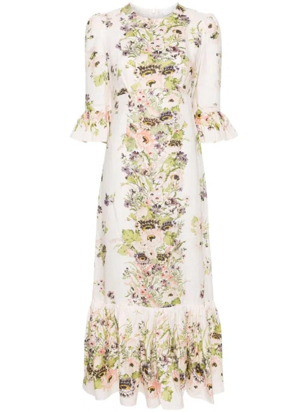 White Floral-print Linen Dress In Neutrals Product Image