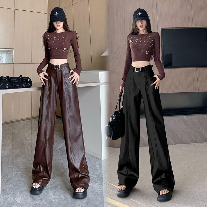 High Waist Plain Faux Leather Wide Leg Pants Product Image